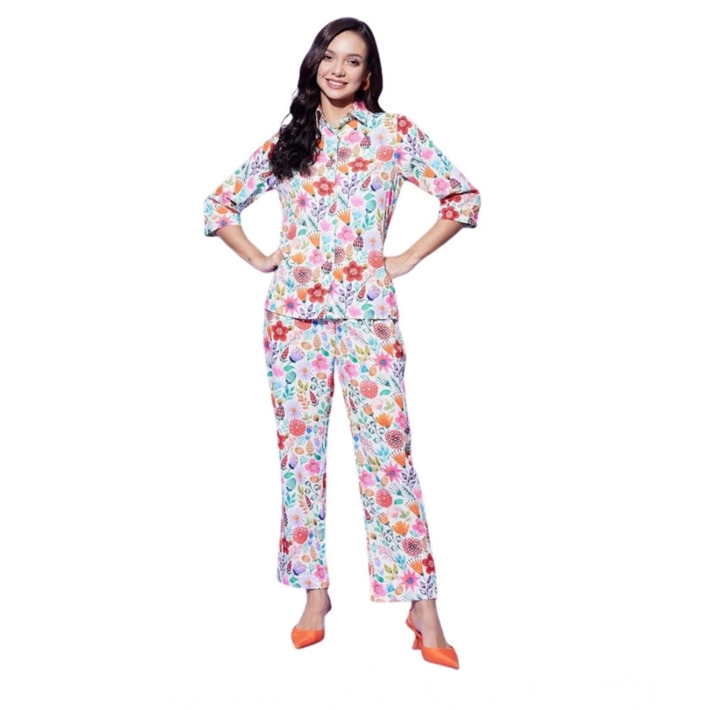 Generic Women's Polyester Floral 3-4th Sleeve Co-Ord Set (Multicolor)
