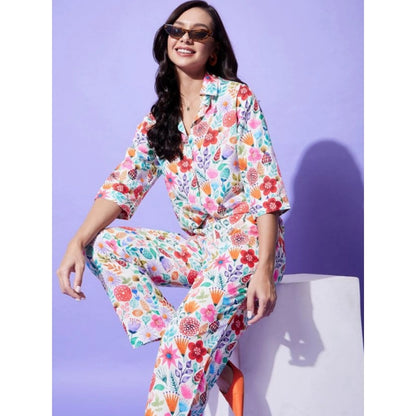 Generic Women's Polyester Floral 3-4th Sleeve Co-Ord Set (Multicolor)