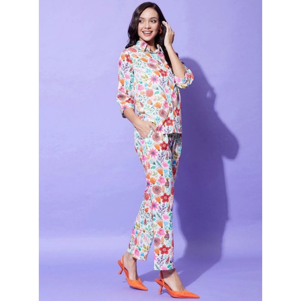 Generic Women's Polyester Floral 3-4th Sleeve Co-Ord Set (Multicolor)