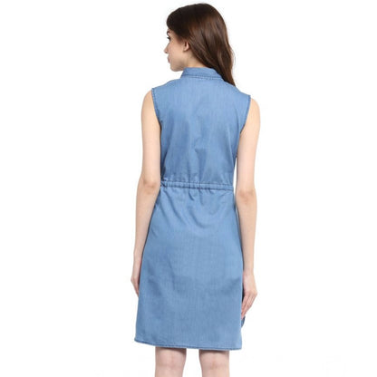 Generic Women's Denim Solid Sleeveless Dress (Blue)
