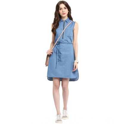 Generic Women's Denim Solid Sleeveless Dress (Blue)