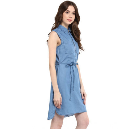 Generic Women's Denim Solid Sleeveless Dress (Blue)