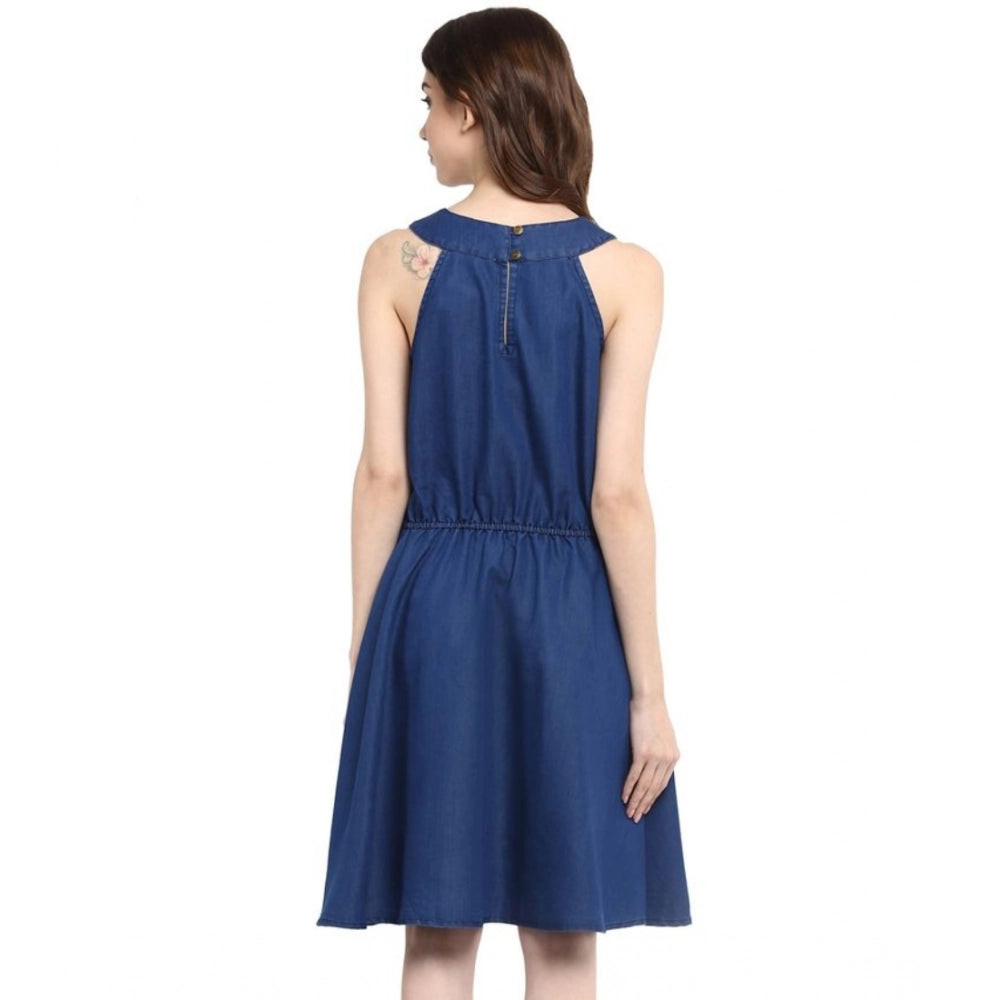 Generic Women's Denim Solid Sleeveless Dress (Blue)