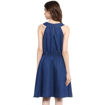 Generic Women's Denim Solid Sleeveless Dress (Blue)