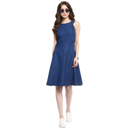 Generic Women's Denim Solid Sleeveless Dress (Blue)
