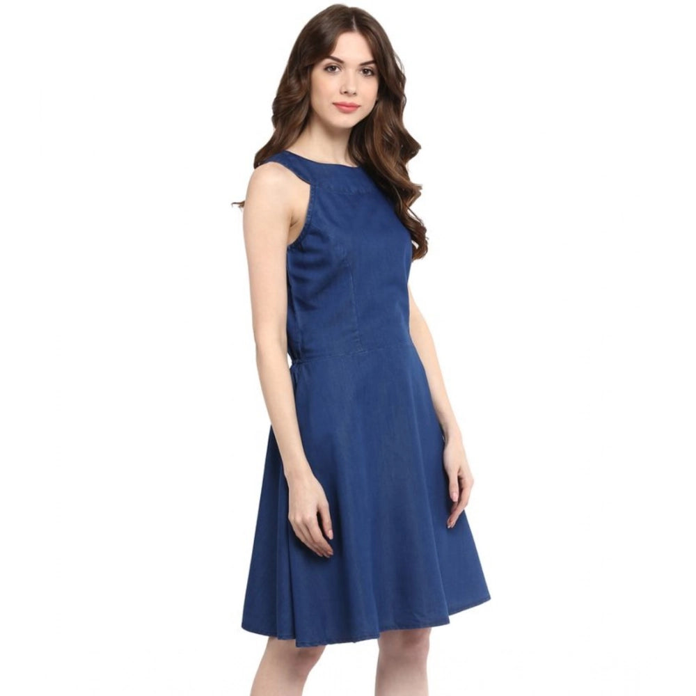 Generic Women's Denim Solid Sleeveless Dress (Blue)