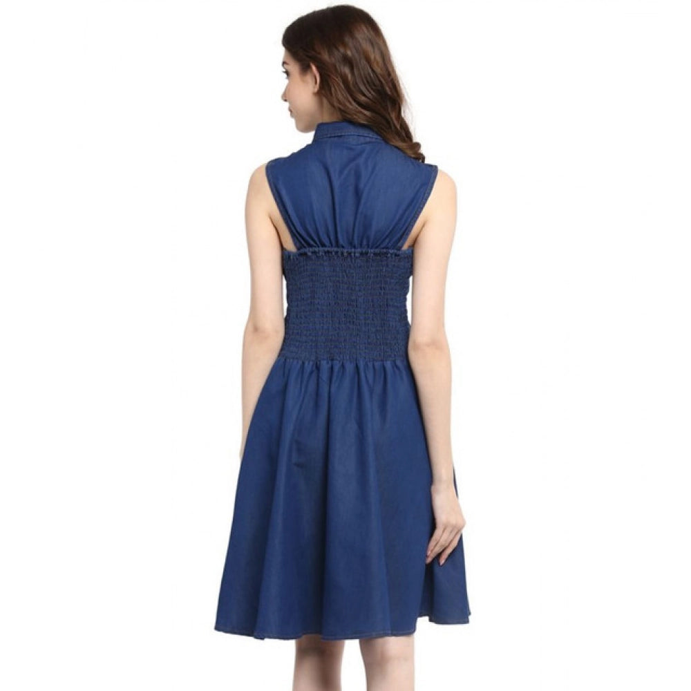Generic Women's Denim Solid Sleeveless Dress (Navy Blue)