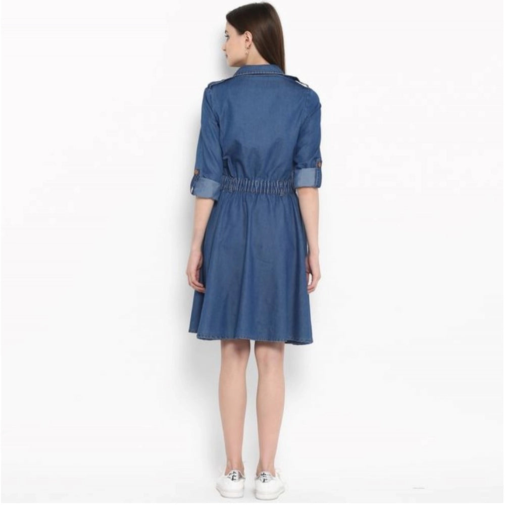 Generic Women's Denim Solid Roll Up Sleeve Dress (Blue)
