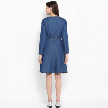 Generic Women's Denim Washed Regular Sleeves Dress (Blue)