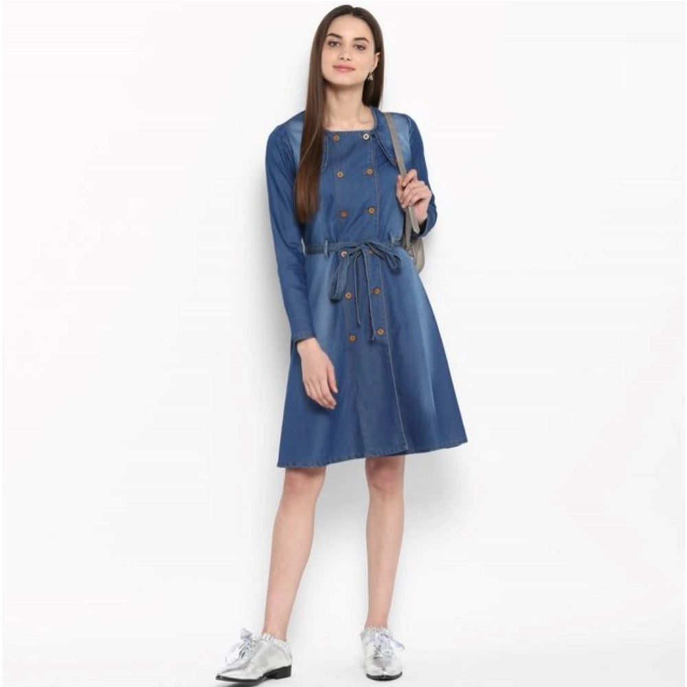 Generic Women's Denim Washed Regular Sleeves Dress (Blue)
