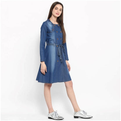 Generic Women's Denim Washed Regular Sleeves Dress (Blue)