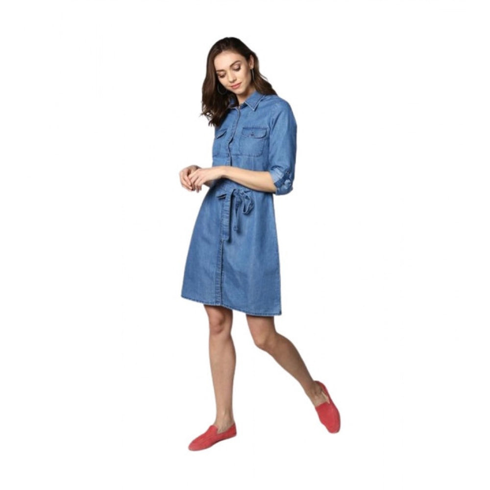 Generic Women's Denim Solid Roll Up Sleeve Dress (Blue)