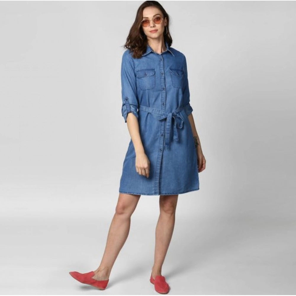 Generic Women's Denim Solid Roll Up Sleeve Dress (Blue)