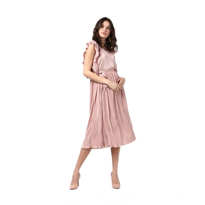 Generic Women's Polyester Pleated Flutter Dress (Champagne Gold)