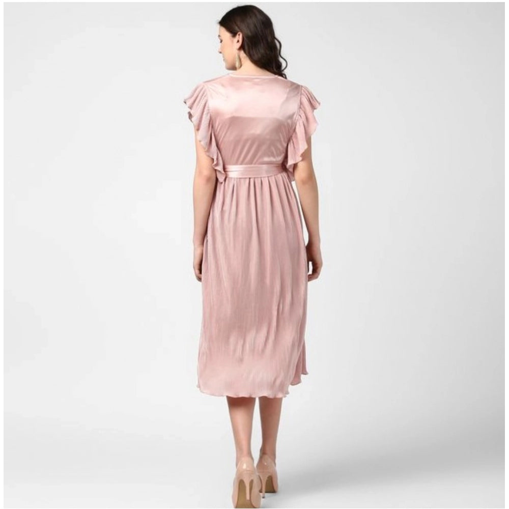 Generic Women's Polyester Pleated Flutter Dress (Champagne Gold)