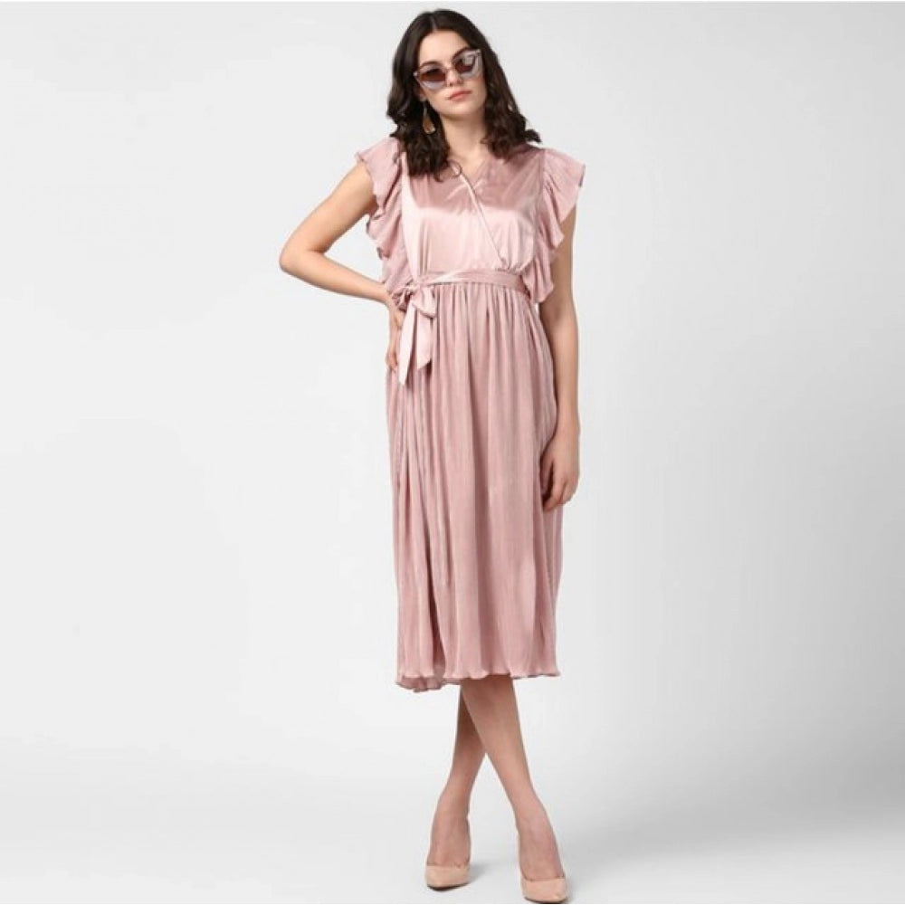 Generic Women's Polyester Pleated Flutter Dress (Champagne Gold)