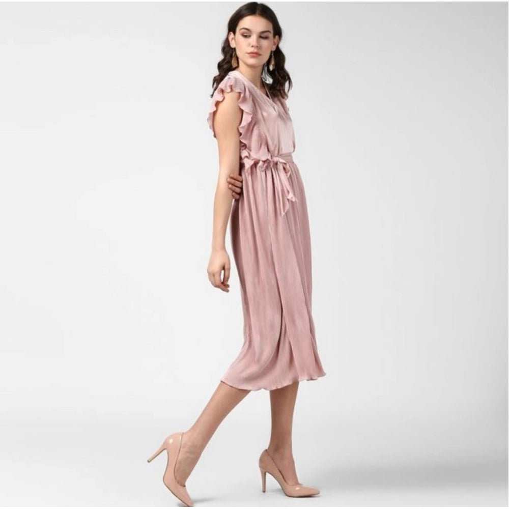Generic Women's Polyester Pleated Flutter Dress (Champagne Gold)