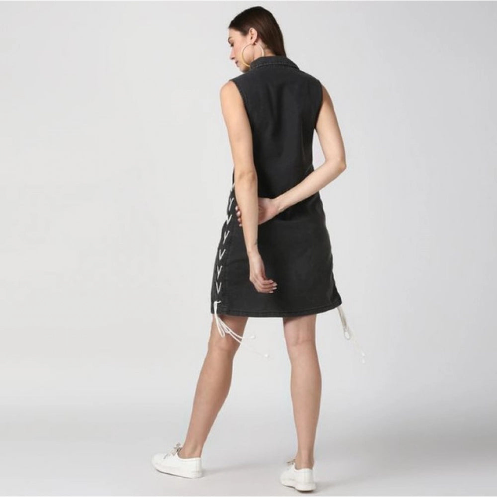 Generic Women's Denim Solid Sleeveless Dress (Black)