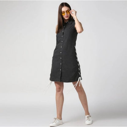 Generic Women's Denim Solid Sleeveless Dress (Black)