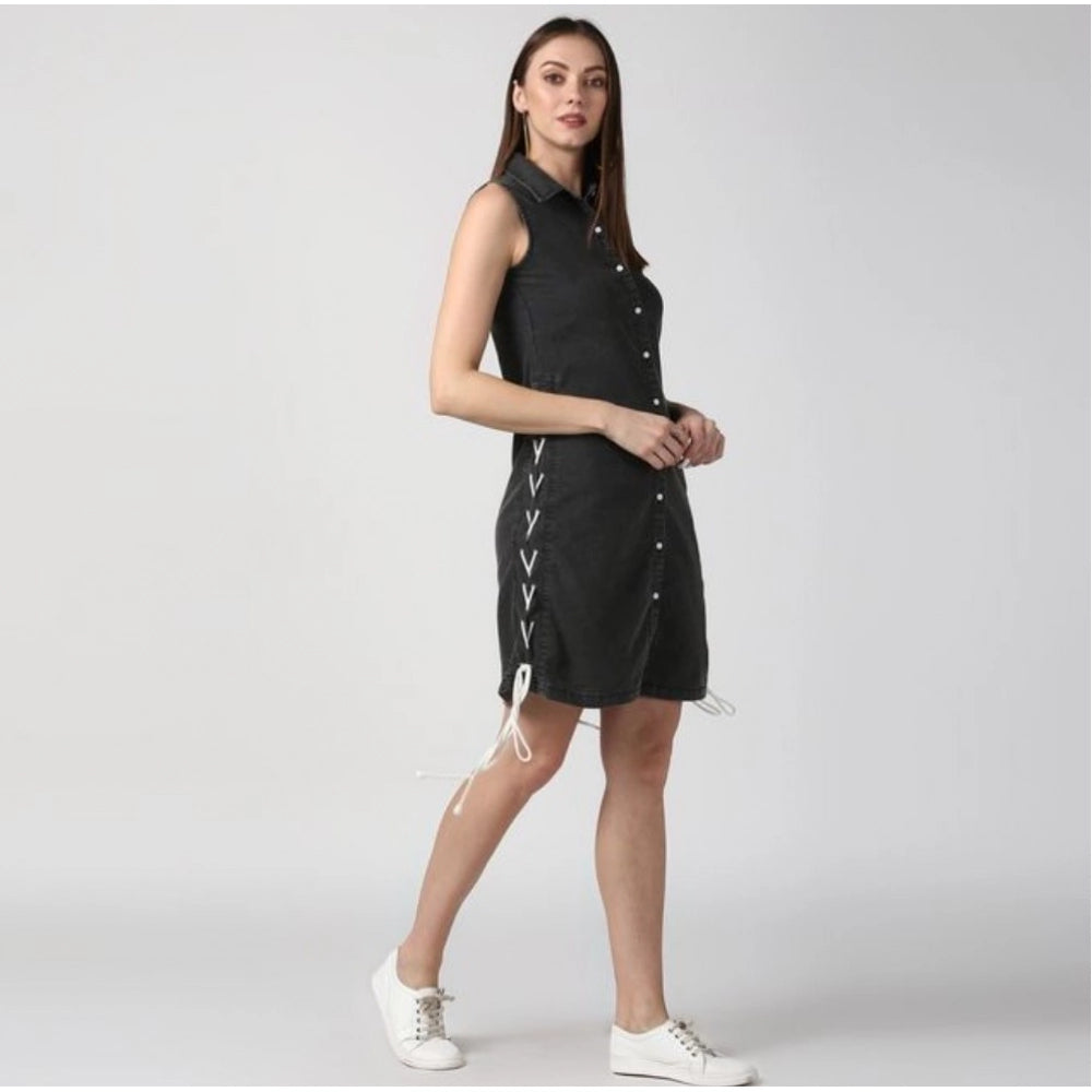 Generic Women's Denim Solid Sleeveless Dress (Black)