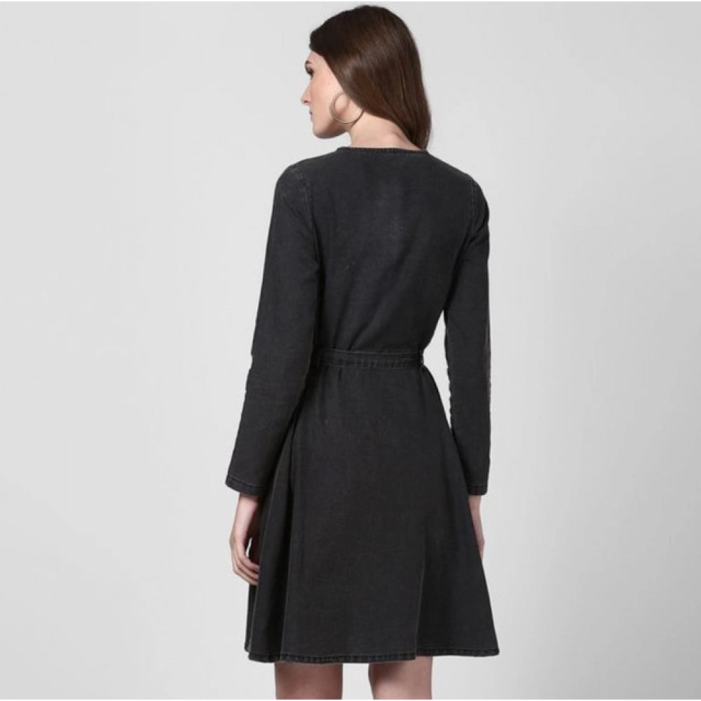 Generic Women's Denim Washed Long Sleeves Dress (Black)