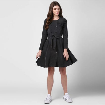 Generic Women's Denim Washed Long Sleeves Dress (Black)