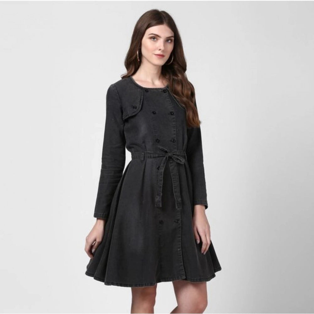 Generic Women's Denim Washed Long Sleeves Dress (Black)