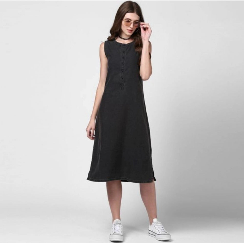 Generic Women's Denim Solid Sleeveless Dress (Black)