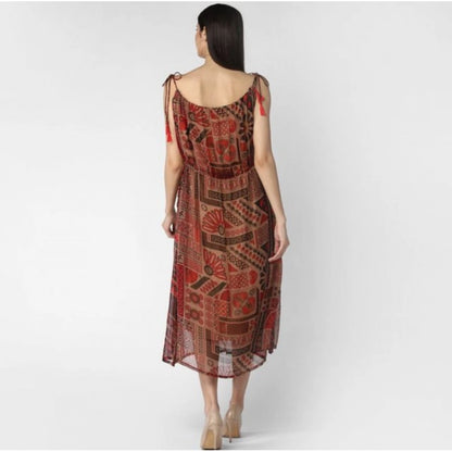 Generic Women's Polyester Printed Shoulder Straps Dress (Maroon - Brown)