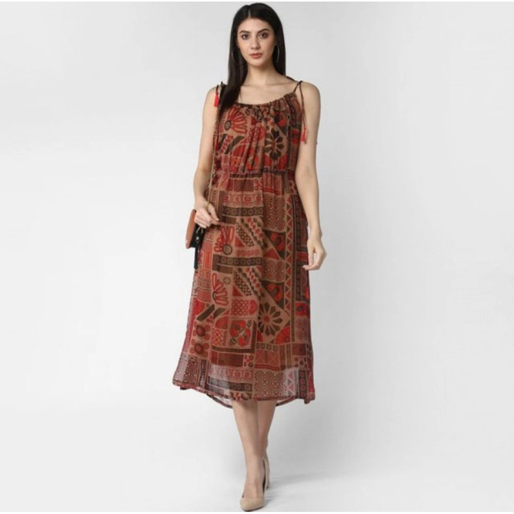 Generic Women's Polyester Printed Shoulder Straps Dress (Maroon - Brown)