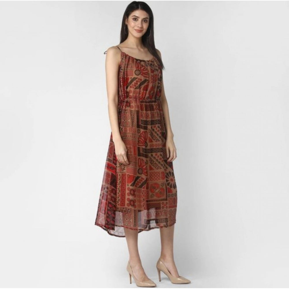 Generic Women's Polyester Printed Shoulder Straps Dress (Maroon - Brown)