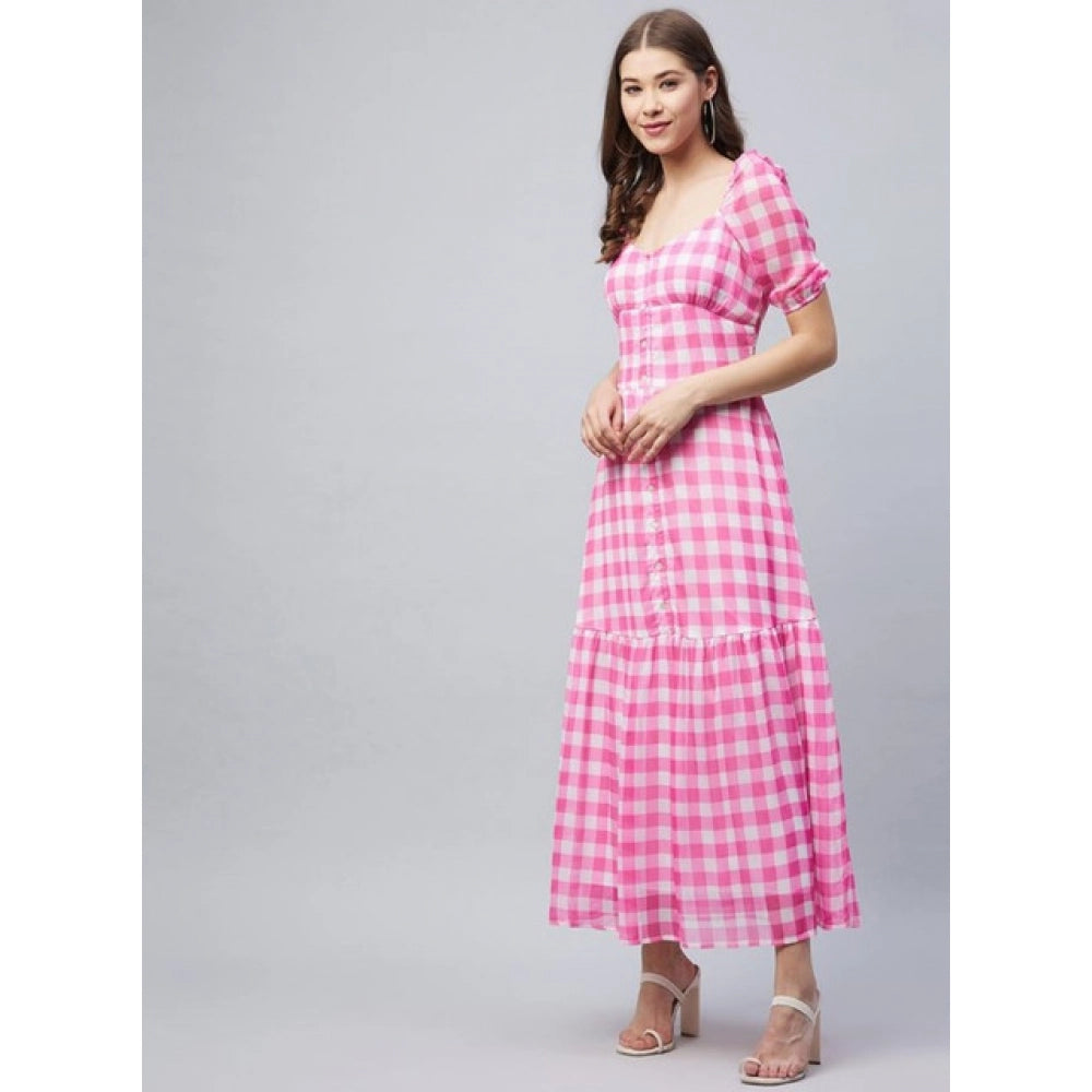 Generic Women's Polyester Georgette Checkered Half Sleeve Dress (Pink)