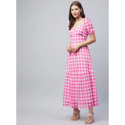 Generic Women's Polyester Georgette Checkered Half Sleeve Dress (Pink)