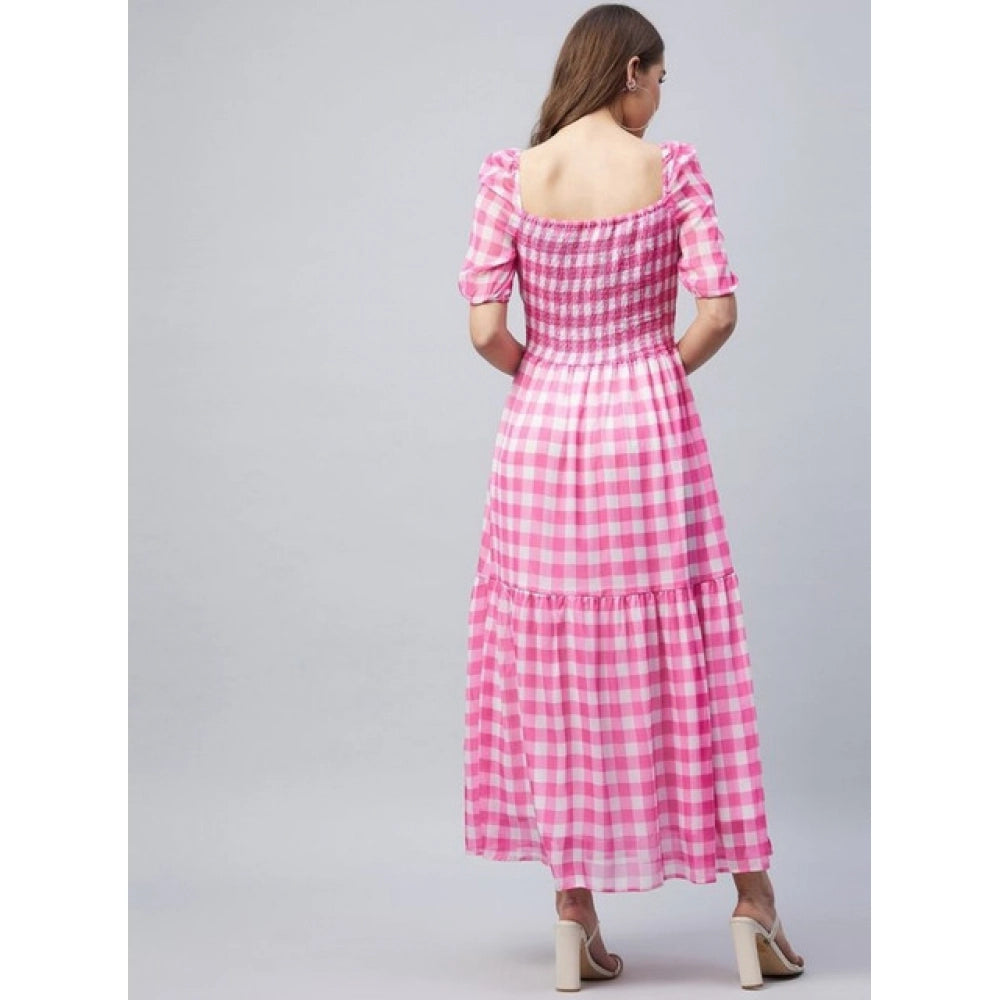 Generic Women's Polyester Georgette Checkered Half Sleeve Dress (Pink)