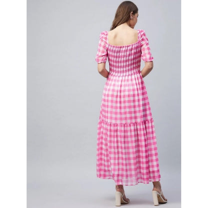 Generic Women's Polyester Georgette Checkered Half Sleeve Dress (Pink)