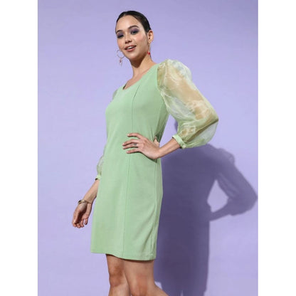 Generic Women's Organza And Polyester Lycra Solid Long Sleeves Dress (Green)