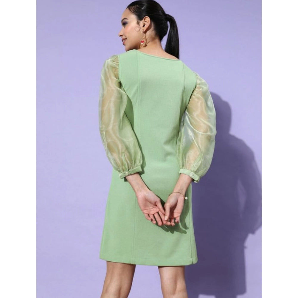 Generic Women's Organza And Polyester Lycra Solid Long Sleeves Dress (Green)