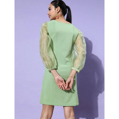 Generic Women's Organza And Polyester Lycra Solid Long Sleeves Dress (Green)