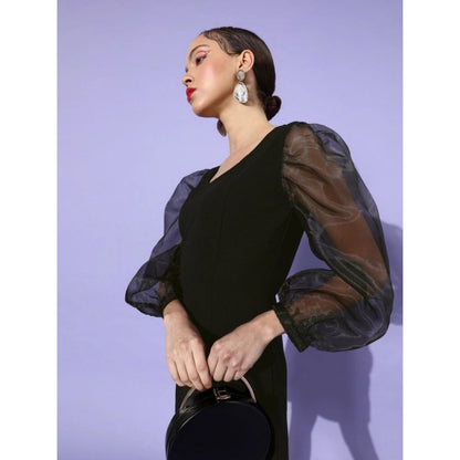 Generic Women's Organza And Polyester Lycra Solid Long Sleeves Dress (Black)
