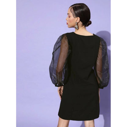 Generic Women's Organza And Polyester Lycra Solid Long Sleeves Dress (Black)