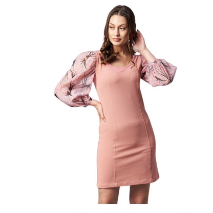 Generic Women's Polyester Lycra And Organza Floral Balloon Sleeve Dress (Pink)
