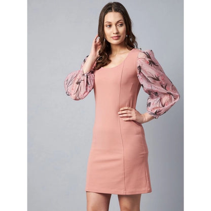 Generic Women's Polyester Lycra And Organza Floral Balloon Sleeve Dress (Pink)