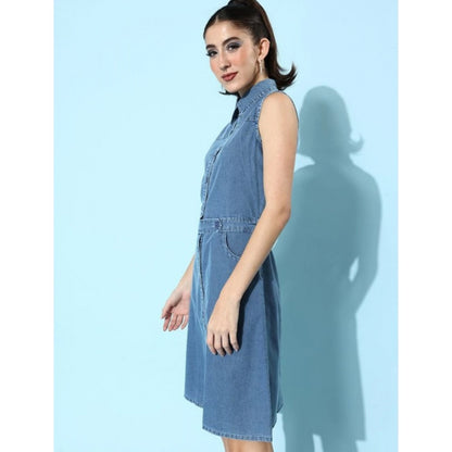 Generic Women's Denim Solid Sleeveless Dress (Blue)