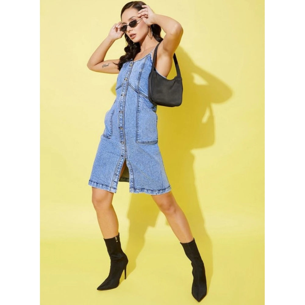 Generic Women's Denim Solid Sleeveless Dress (Blue)
