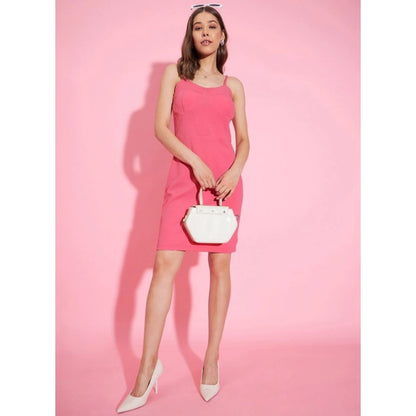 Generic Women's Polyester Lycra Solid Shoulder Straps Dress (Pink)