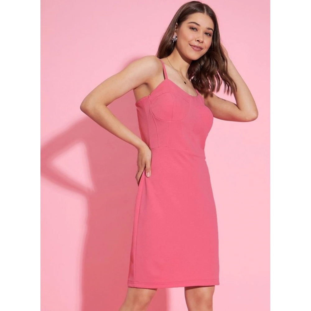 Generic Women's Polyester Lycra Solid Shoulder Straps Dress (Pink)