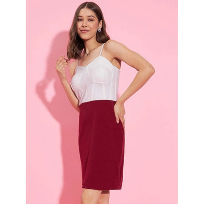 Generic Women's Polyester Lycra Color Blocking Shoulder Straps Dress (White - Maroon)