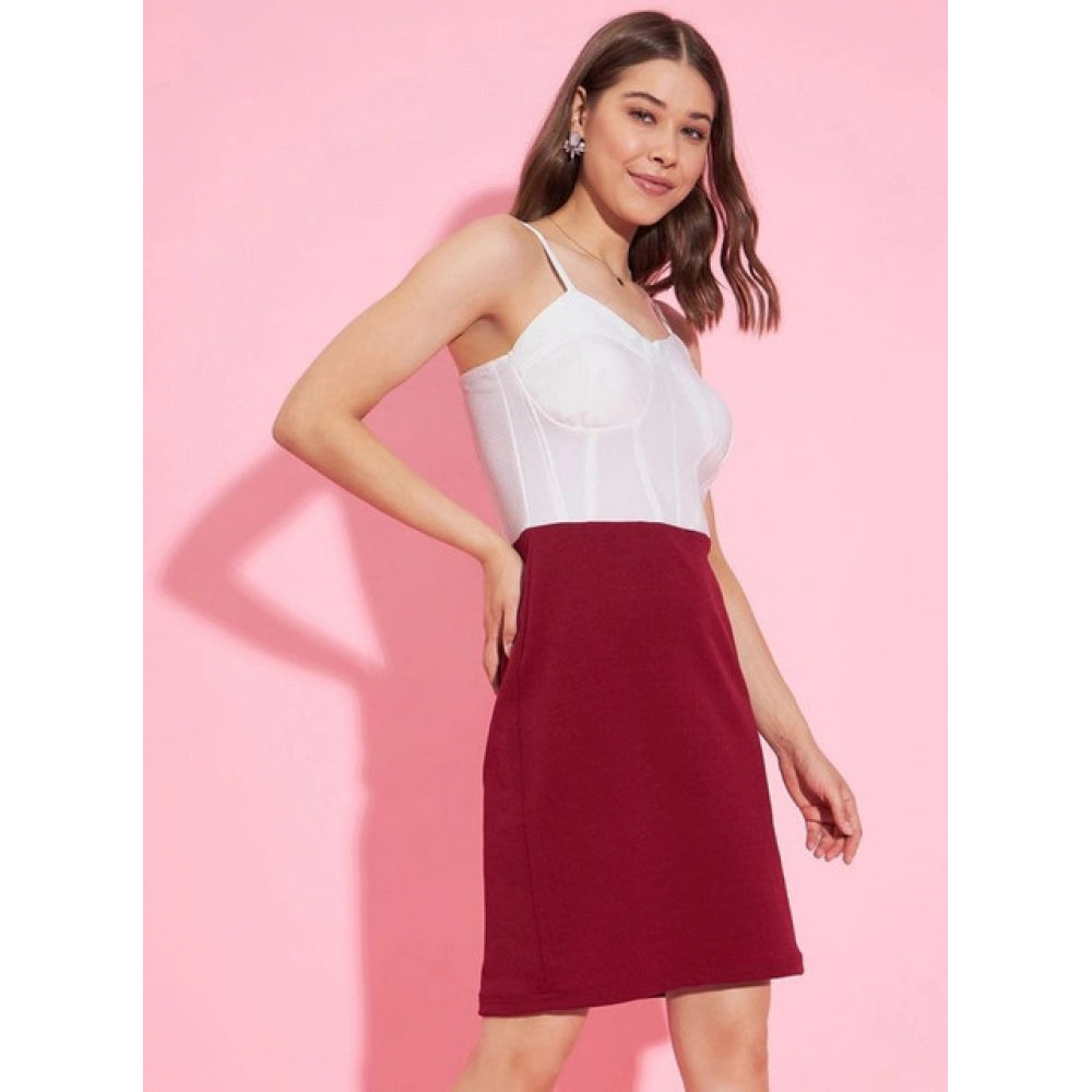 Generic Women's Polyester Lycra Color Blocking Shoulder Straps Dress (White - Maroon)
