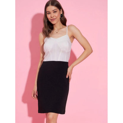 Generic Women's Polyester Lycra Color Blocking Shoulder Straps Dress (White - Black)