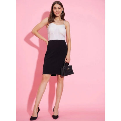 Generic Women's Polyester Lycra Color Blocking Shoulder Straps Dress (White - Black)